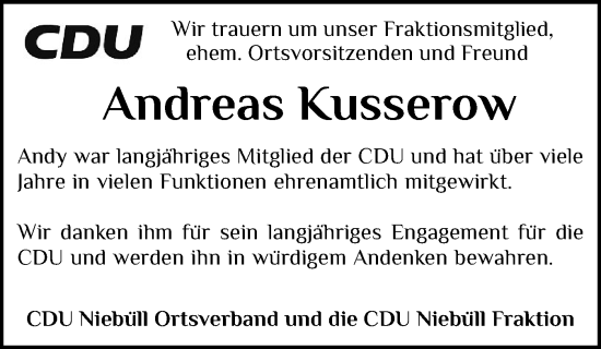 Traueranzeige von Andreas Kusserow von Husumer Nachrichten, Nordfriesland Tageblatt