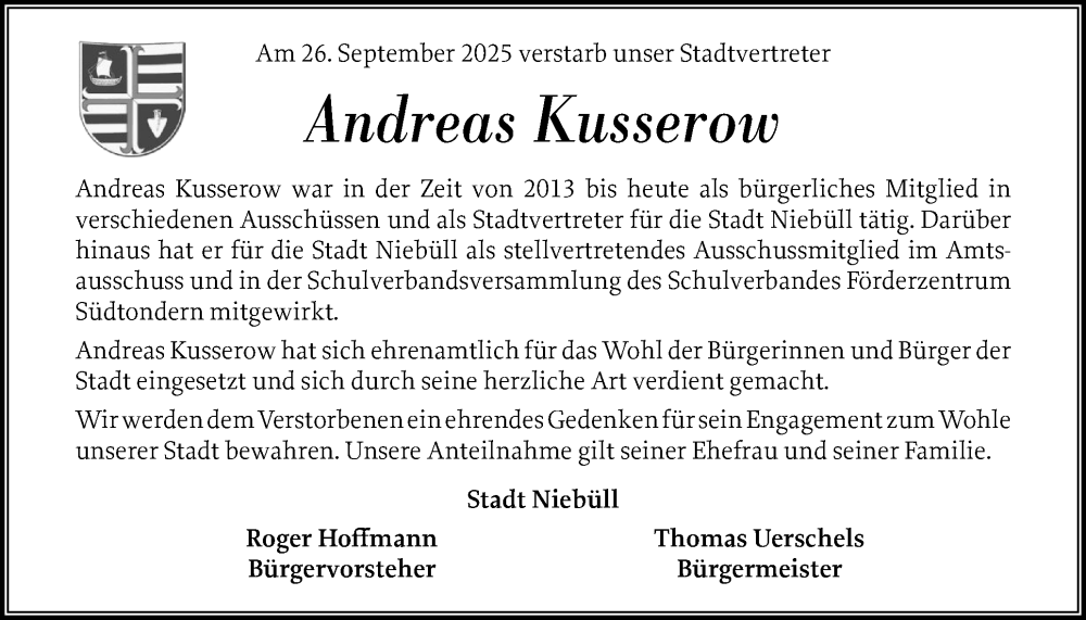  Traueranzeige für Andreas Kusserow vom 11.10.2025 aus Husumer Nachrichten, Nordfriesland Tageblatt