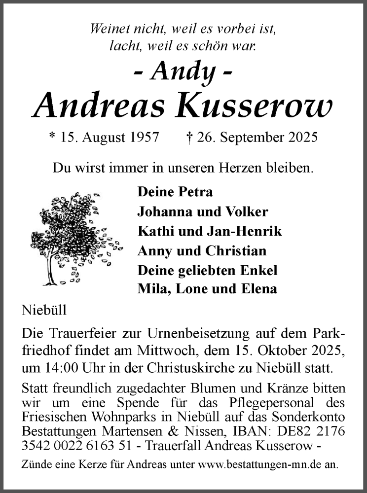  Traueranzeige für Andreas Kusserow vom 04.10.2025 aus Husumer Nachrichten, Nordfriesland Tageblatt