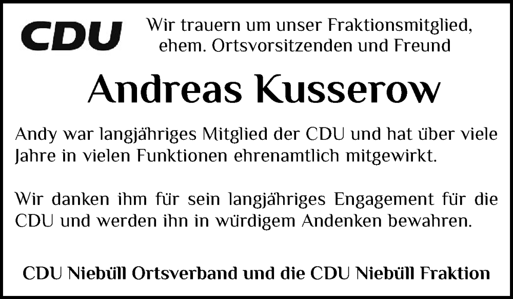  Traueranzeige für Andreas Kusserow vom 18.10.2025 aus Husumer Nachrichten, Nordfriesland Tageblatt
