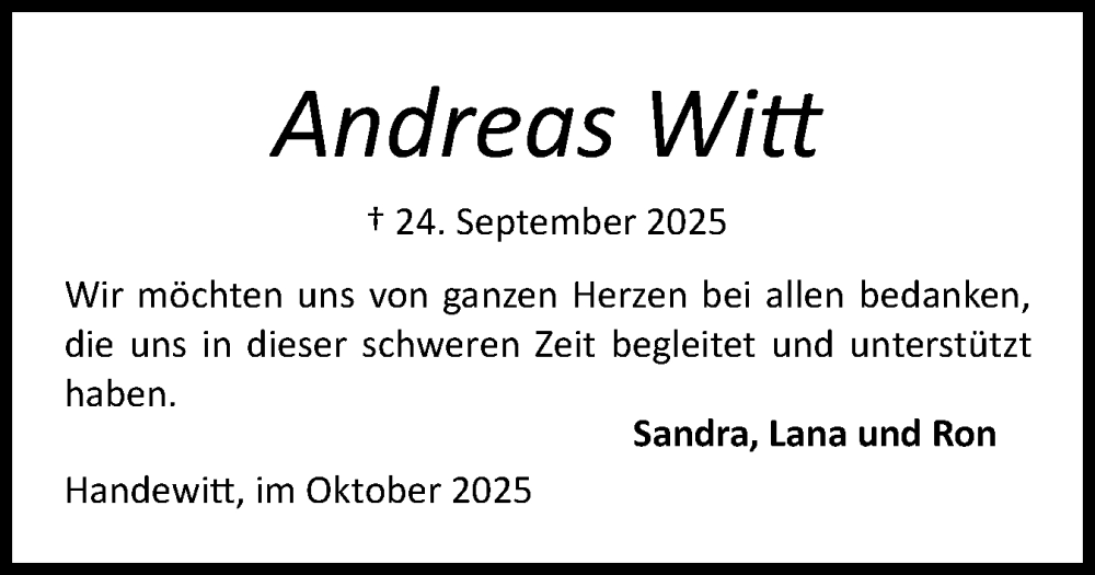  Traueranzeige für Andreas Witt vom 25.10.2025 aus Flensburger Tageblatt