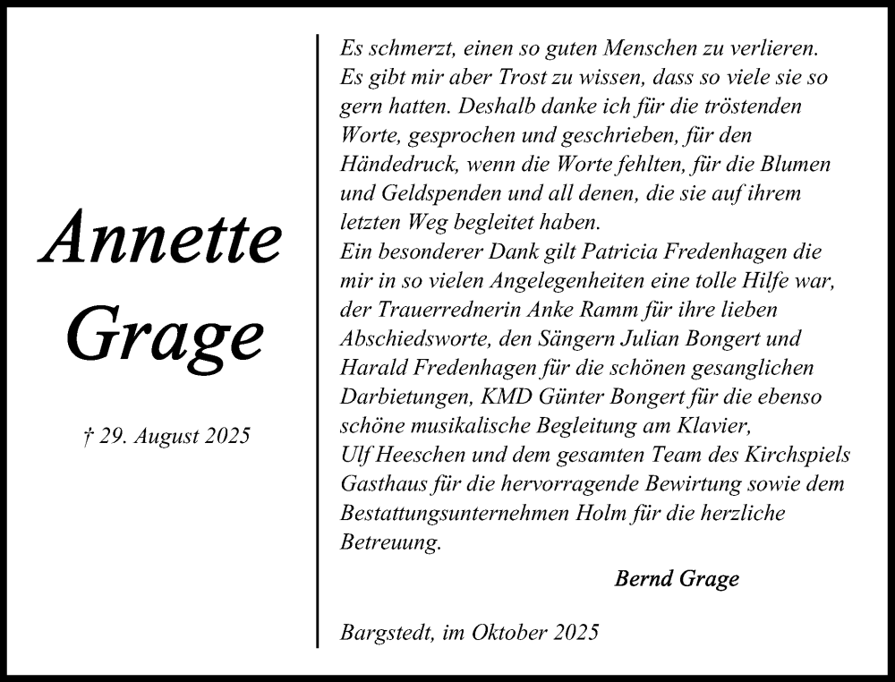  Traueranzeige für Anette Grage vom 11.10.2025 aus Schleswig-Holsteinische Landeszeitung