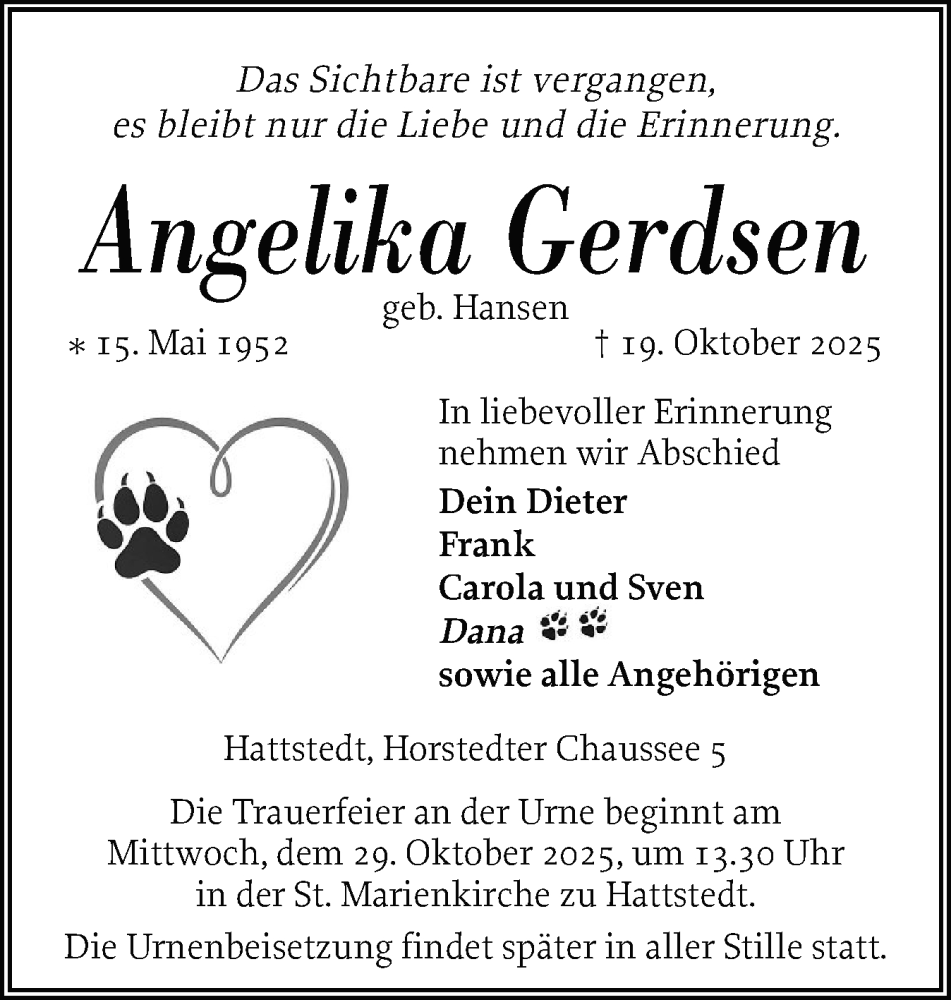  Traueranzeige für Angelika Gerdsen vom 25.10.2025 aus Husumer Nachrichten, Nordfriesland Tageblatt
