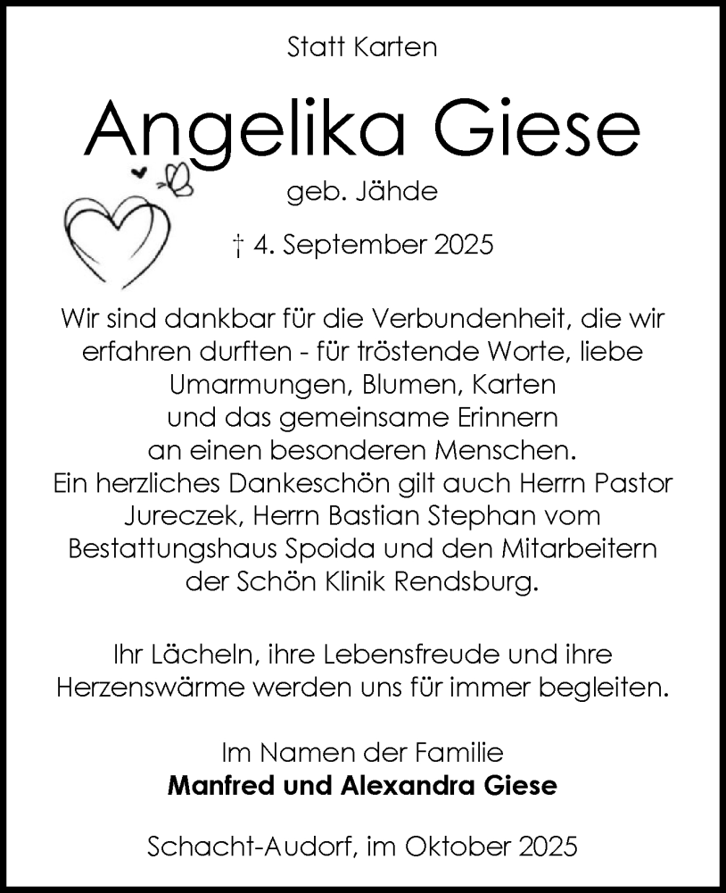  Traueranzeige für Angelika Giese vom 04.10.2025 aus Schleswig-Holsteinische Landeszeitung