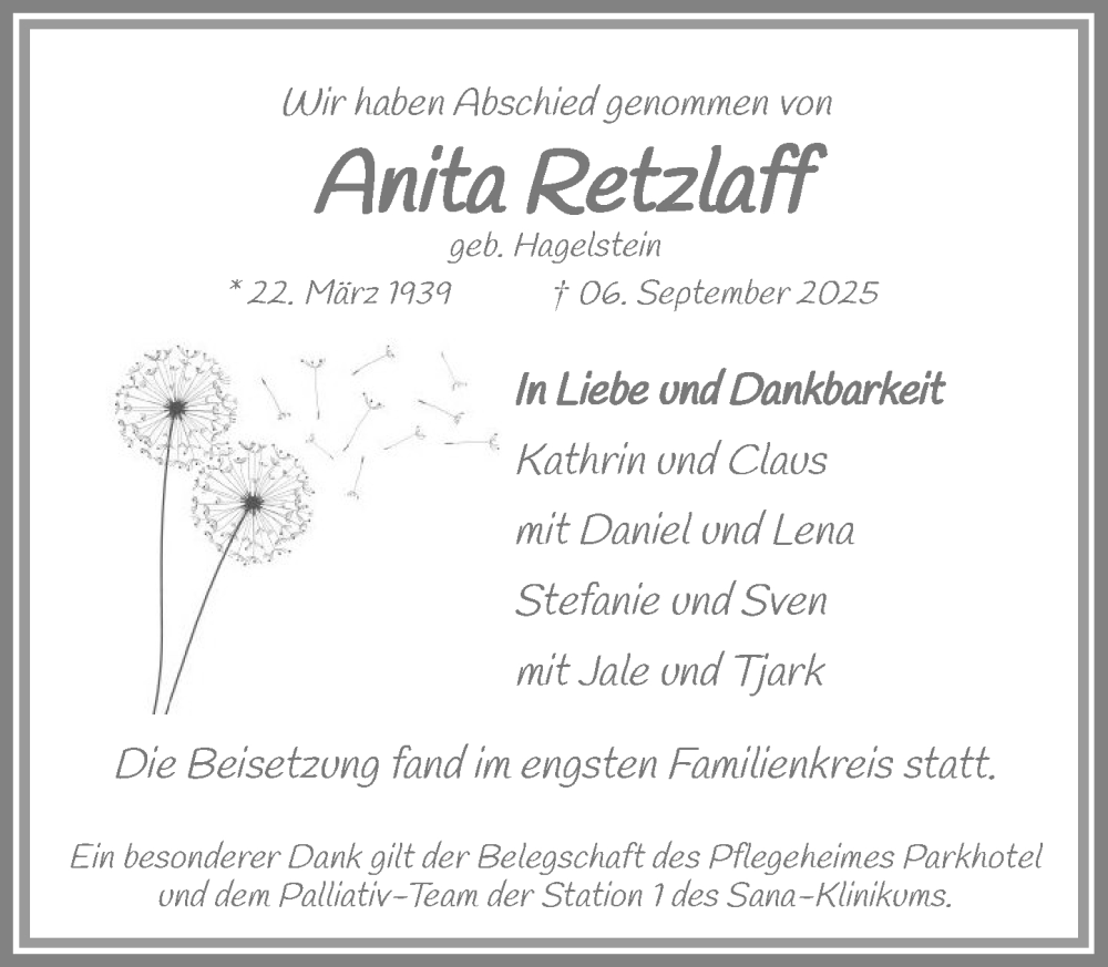  Traueranzeige für Anita Retzlaff vom 11.10.2025 aus MARKT Ratzeburg/Mölln
