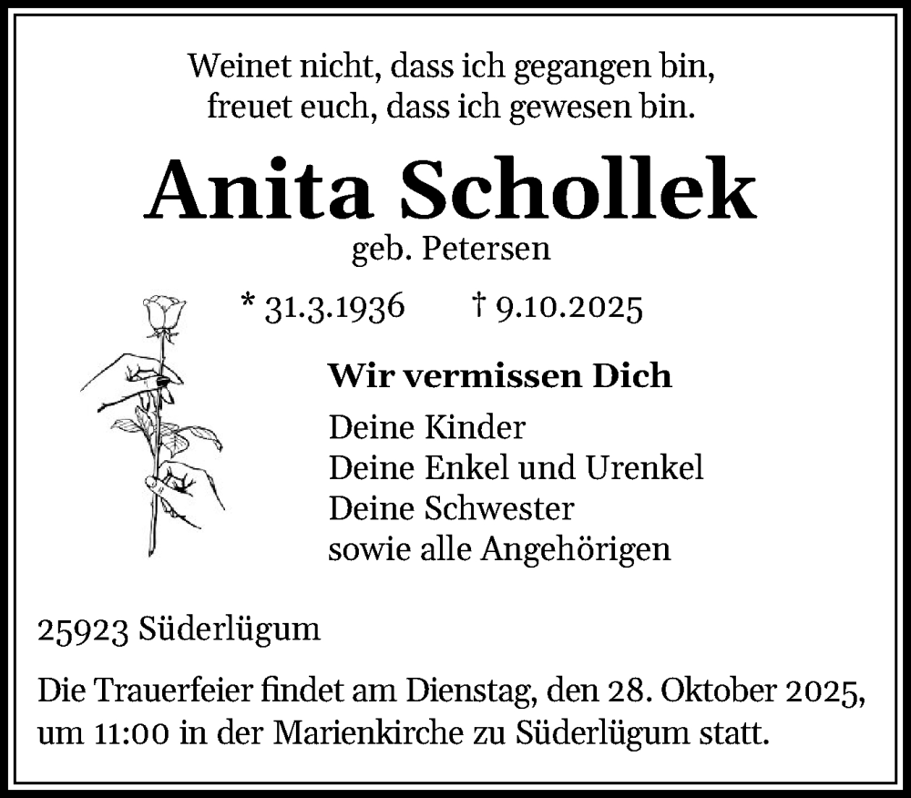  Traueranzeige für Anita Schollek vom 18.10.2025 aus Husumer Nachrichten, Nordfriesland Tageblatt