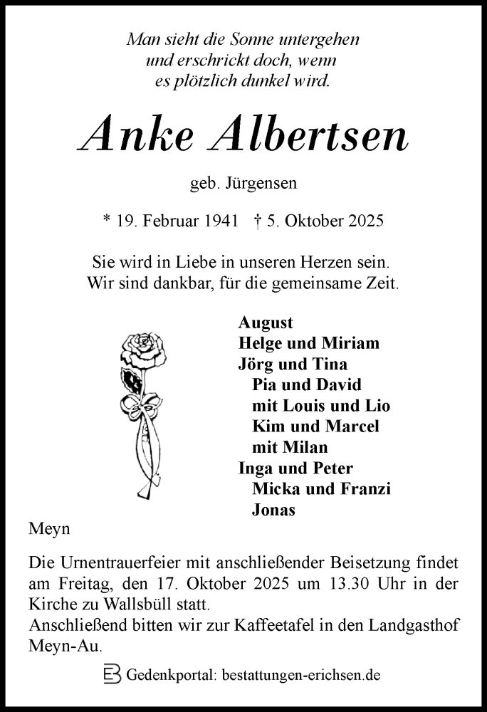  Traueranzeige für Anke Albertsen vom 10.10.2025 aus Region Flensburg