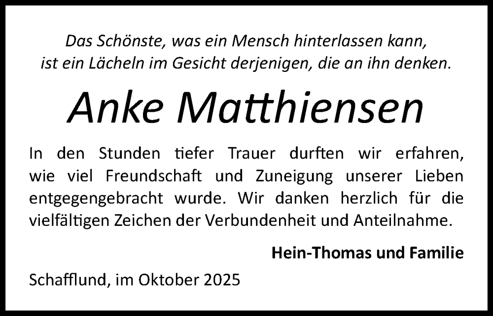  Traueranzeige für Anke Matthiensen vom 11.10.2025 aus Flensburger Tageblatt