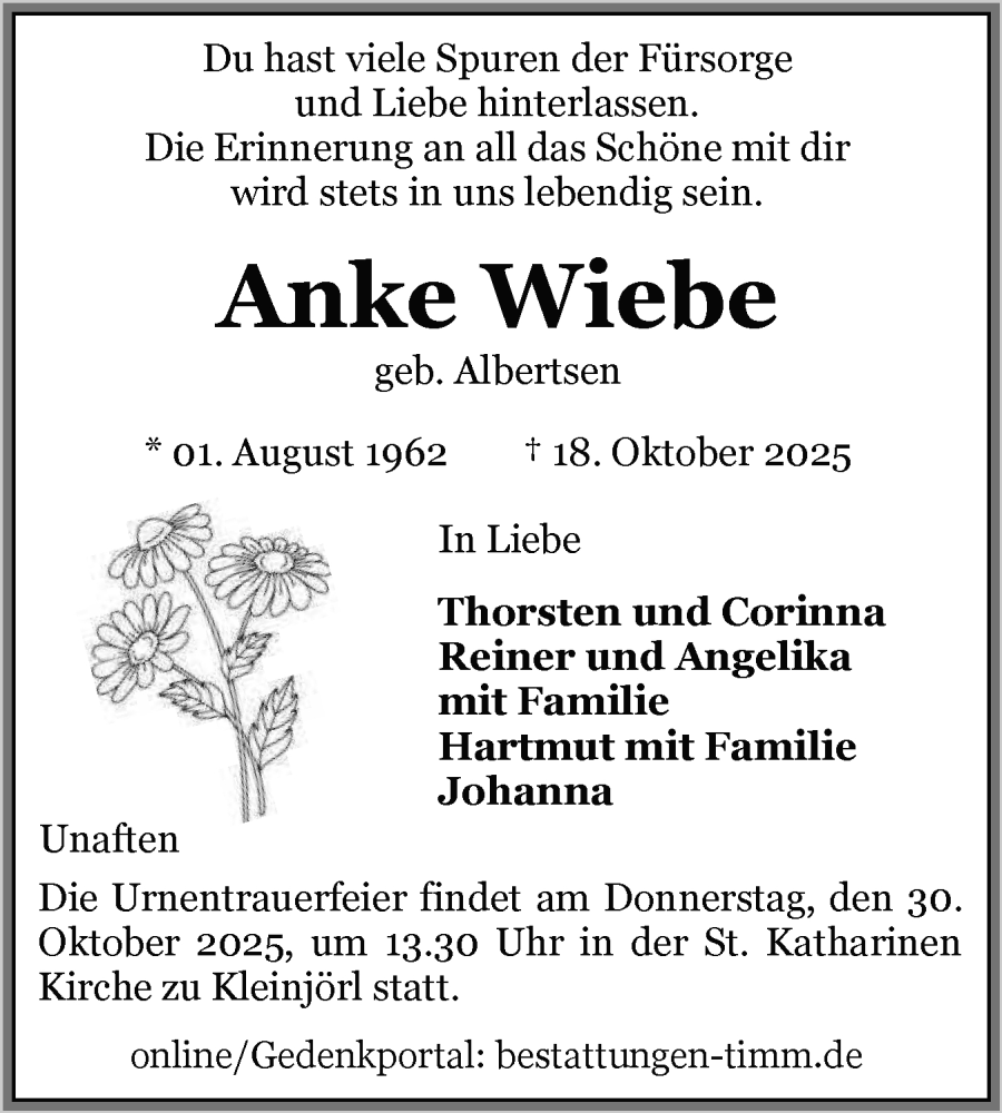  Traueranzeige für Anke Wiebe vom 25.10.2025 aus Flensburger Tageblatt