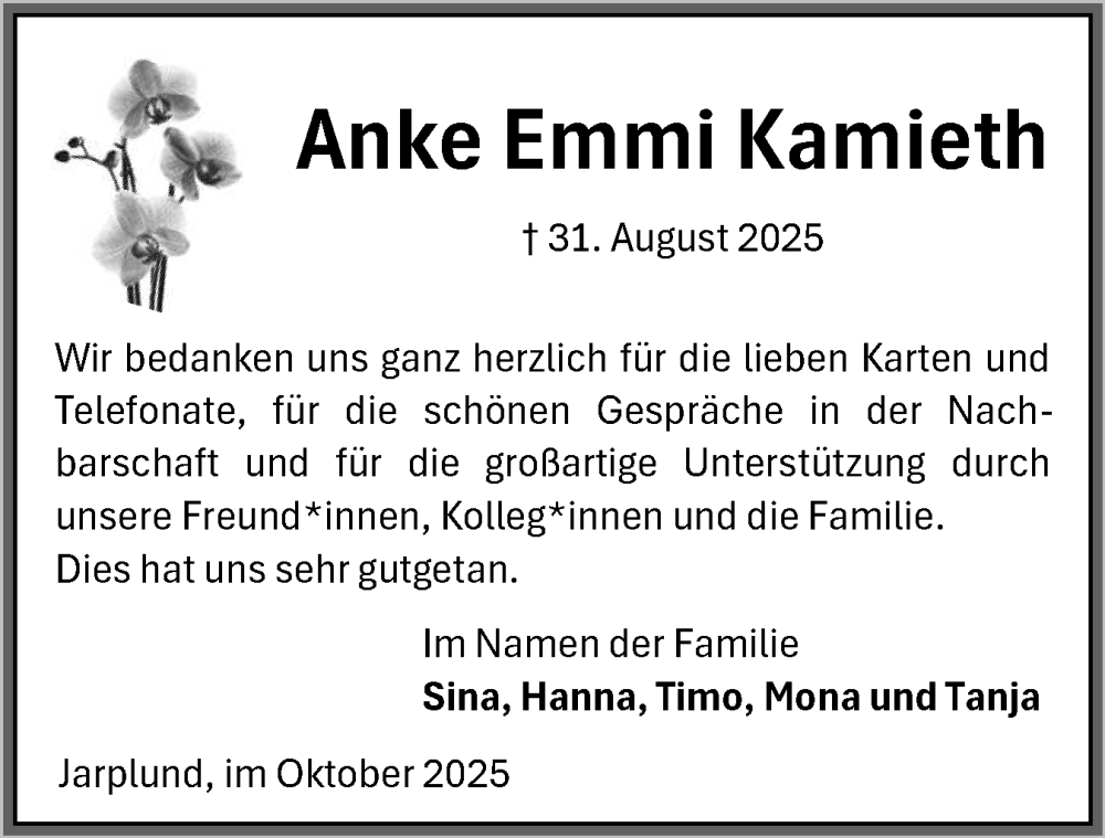  Traueranzeige für Anke Emmi Kamieth vom 04.10.2025 aus Flensburger Tageblatt