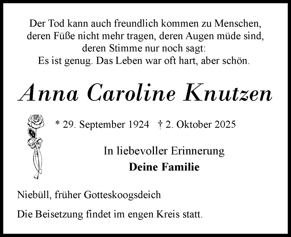  Traueranzeige für Anna Caroline Knutzen vom 11.10.2025 aus Husumer Nachrichten, Nordfriesland Tageblatt