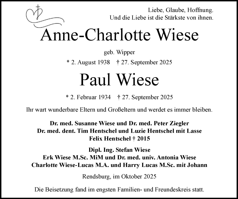  Traueranzeige für Anne-Charlotte Wiese vom 11.10.2025 aus Schleswig-Holsteinische Landeszeitung