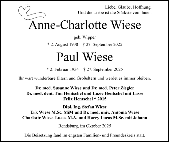 Traueranzeige von Anne-Charlotte Wiese von Schleswig-Holsteinische Landeszeitung