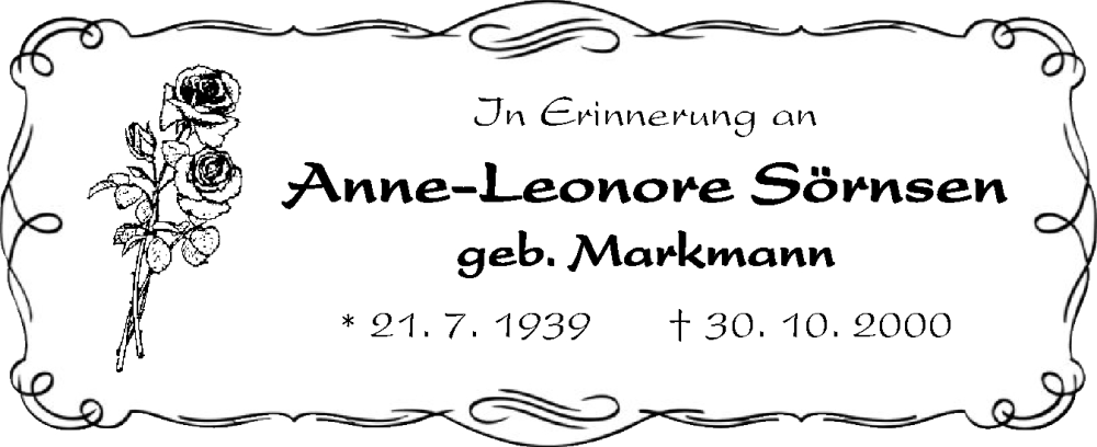  Traueranzeige für Anne-Leonore Sörnsen vom 01.11.2025 aus Uetersener Nachrichten, Der tip am Wochenende