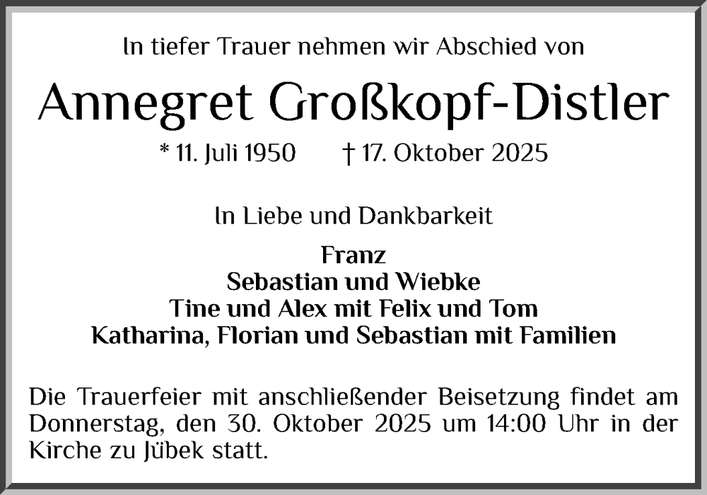  Traueranzeige für Annegret Großkopf-Distler vom 25.10.2025 aus Schleswiger Nachrichten, Schlei-Bote