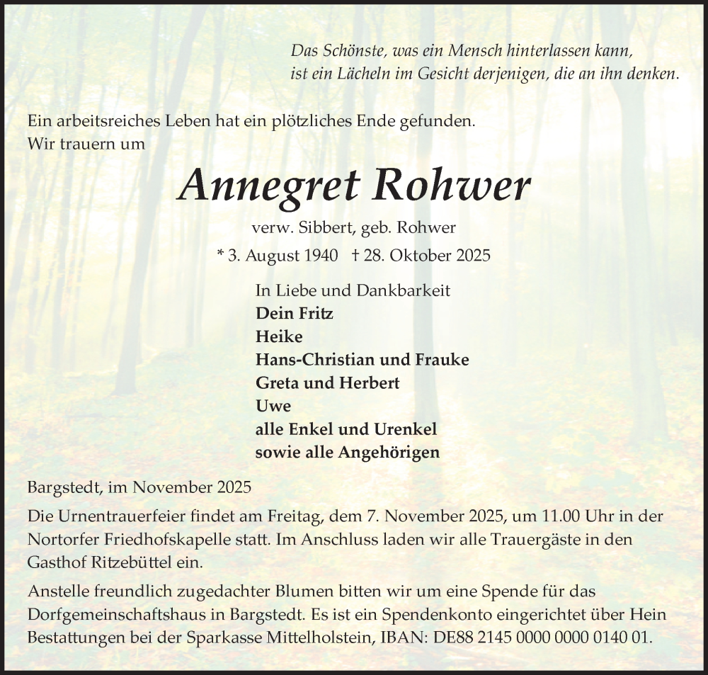  Traueranzeige für Annegret Rohwer vom 01.11.2025 aus Schleswig-Holsteinische Landeszeitung