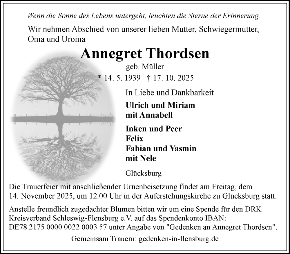  Traueranzeige für Annegret Thordsen vom 01.11.2025 aus Flensburger Tageblatt