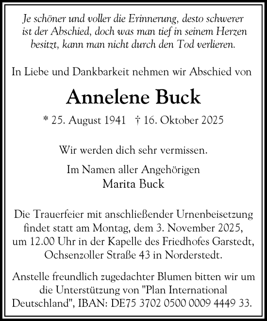Traueranzeige von Annelene Buck von Heimatspiegel