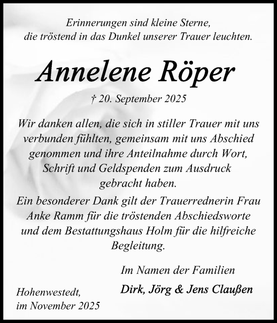 Traueranzeige von Annelene Röper von Schleswig-Holsteinische Landeszeitung