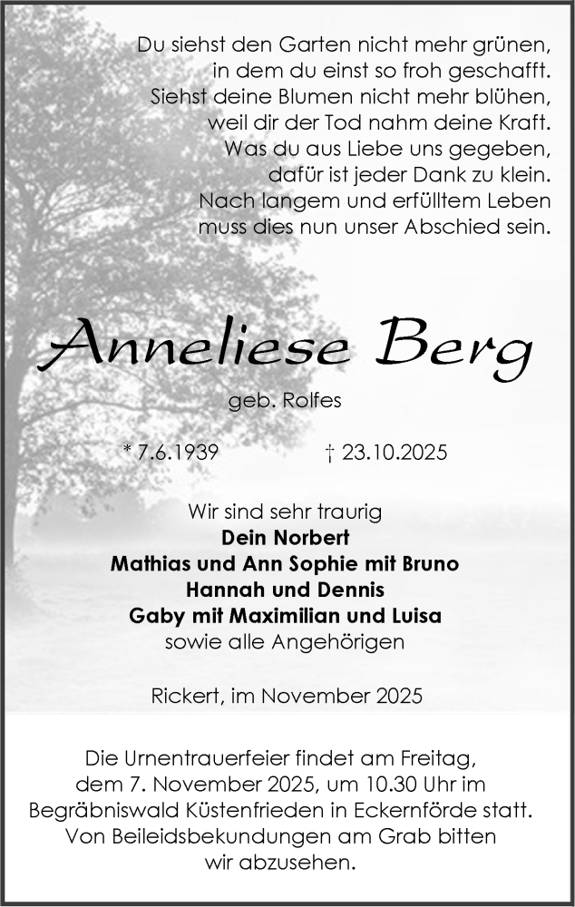  Traueranzeige für Anneliese Berg vom 01.11.2025 aus Schleswig-Holsteinische Landeszeitung