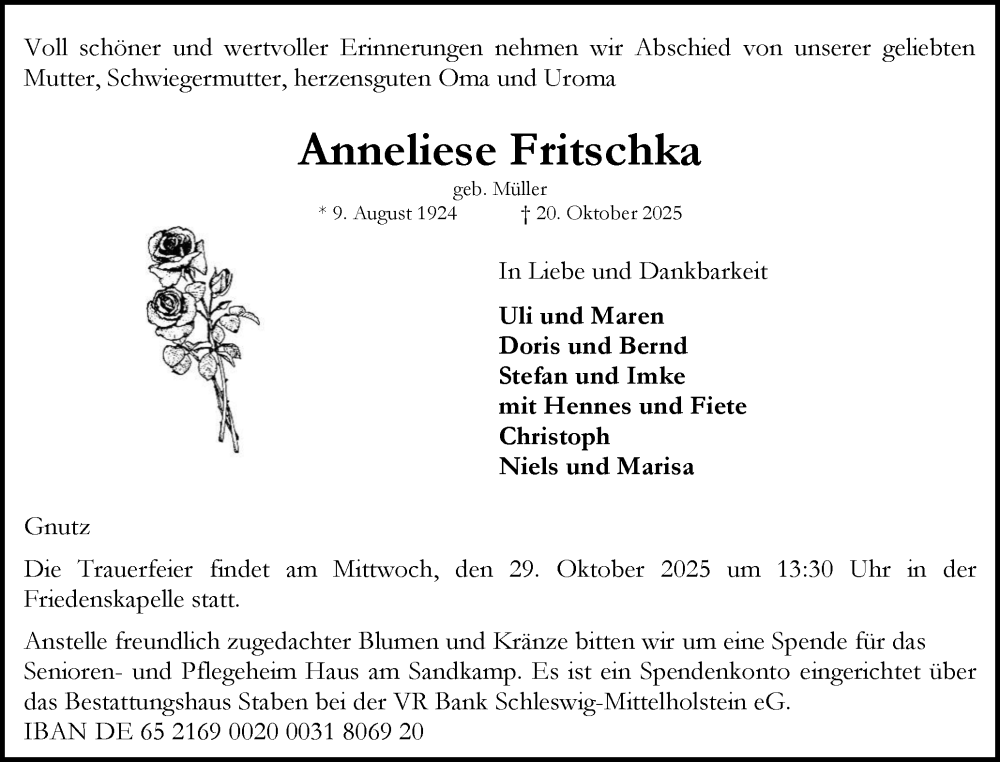  Traueranzeige für Anneliese Fritschka vom 25.10.2025 aus Schleswig-Holsteinische Landeszeitung