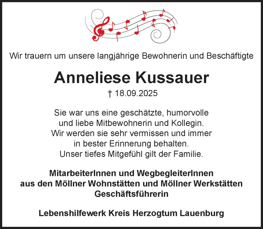  Traueranzeige für Anneliese Kussauer vom 18.10.2025 aus MARKT Ratzeburg/Mölln