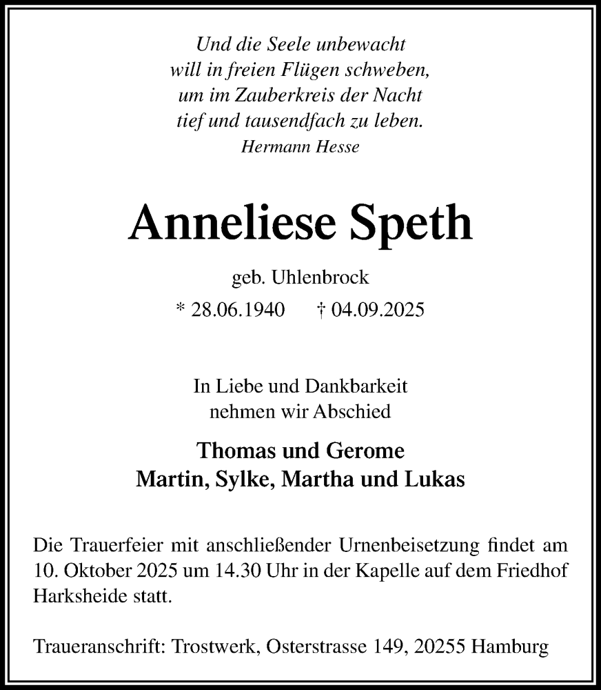  Traueranzeige für Anneliese Speth vom 04.10.2025 aus Heimatspiegel