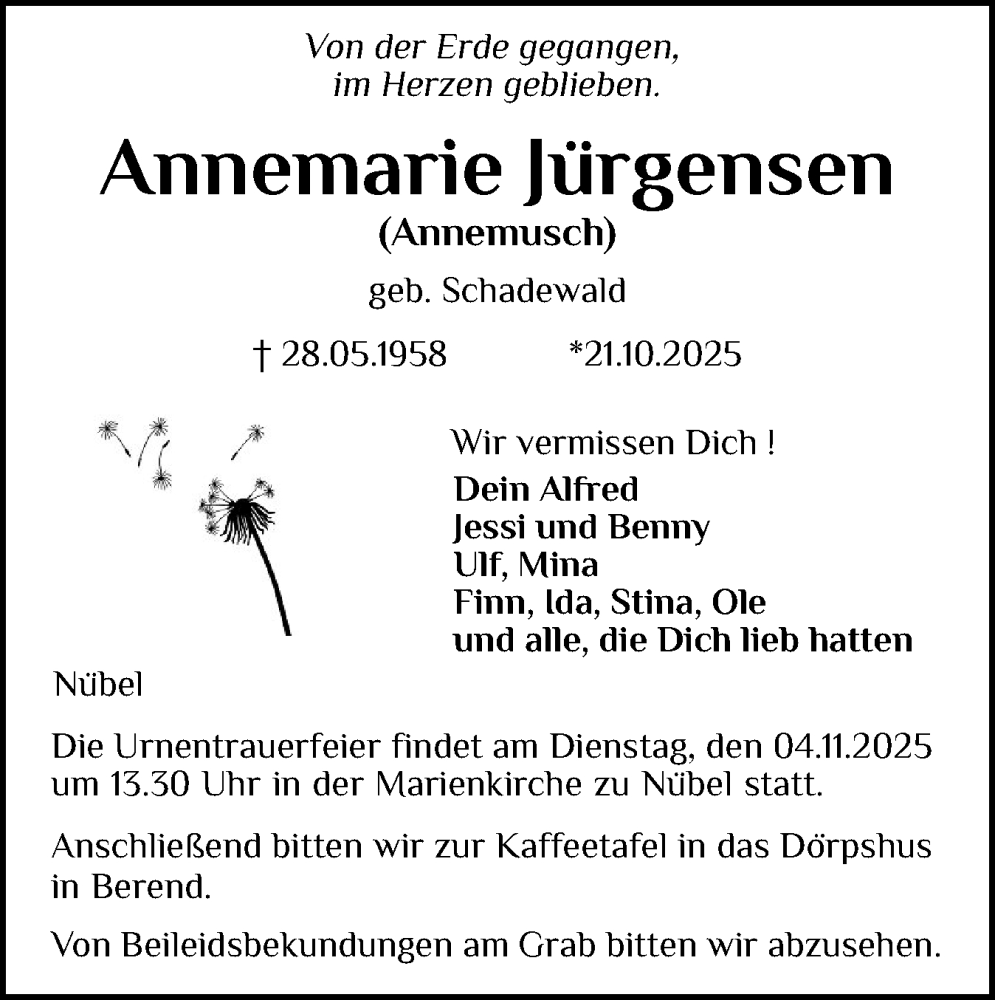  Traueranzeige für Annemarie Jürgensen vom 25.10.2025 aus Schleswiger Nachrichten, Schlei-Bote