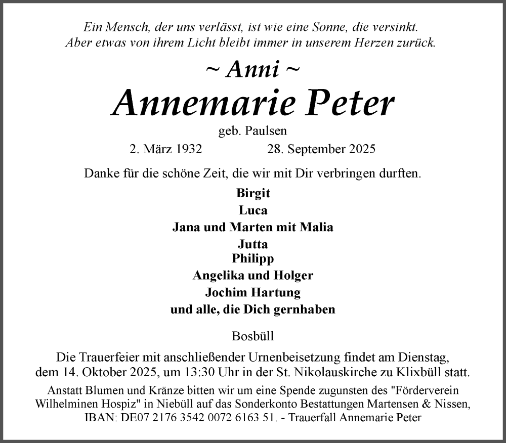  Traueranzeige für Annemarie Peter vom 04.10.2025 aus Husumer Nachrichten, Nordfriesland Tageblatt