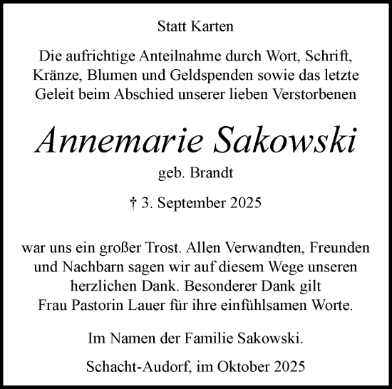 Traueranzeige von Annemarie Sakowski von Schleswig-Holsteinische Landeszeitung