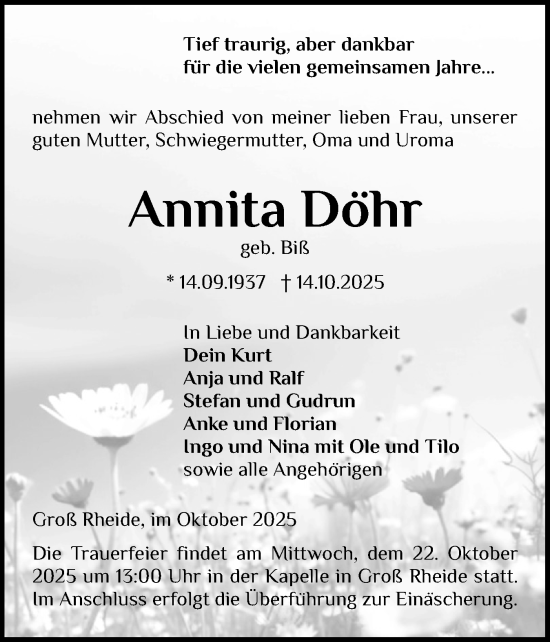 Traueranzeige von Annita Döhr von Schleswig-Holsteinische Landeszeitung