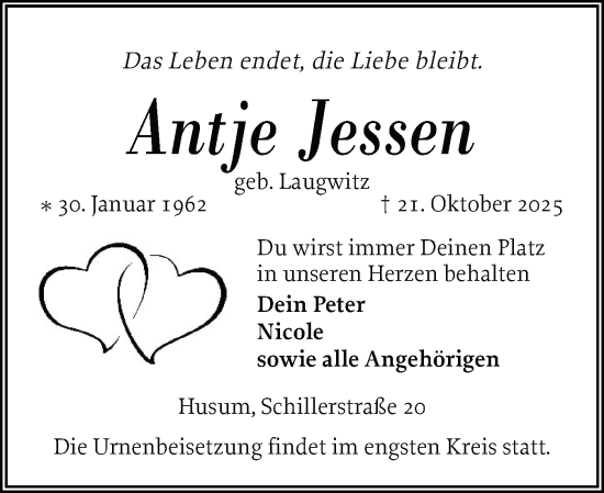 Traueranzeige von Antje Jessen von Husumer Nachrichten, Nordfriesland Tageblatt