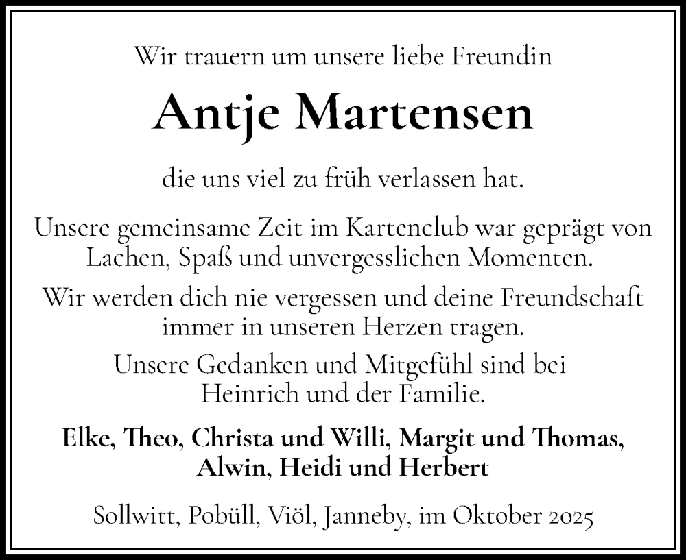  Traueranzeige für Antje Martensen vom 29.10.2025 aus Husumer Nachrichten, Nordfriesland Tageblatt