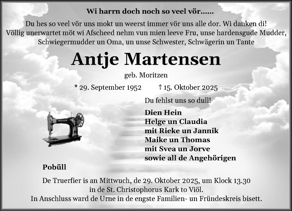  Traueranzeige für Antje Martensen vom 25.10.2025 aus Region Flensburg