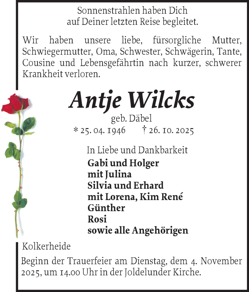  Traueranzeige für Antje Wilcks vom 29.10.2025 aus Husumer Nachrichten, Nordfriesland Tageblatt