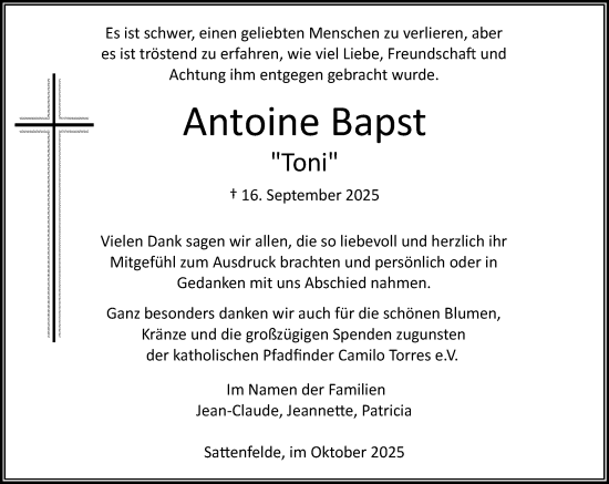 Traueranzeige von Antoine Bapst von MARKT Ahrensburg/Bargteheide/Trittau und Stormarner Tageblatt