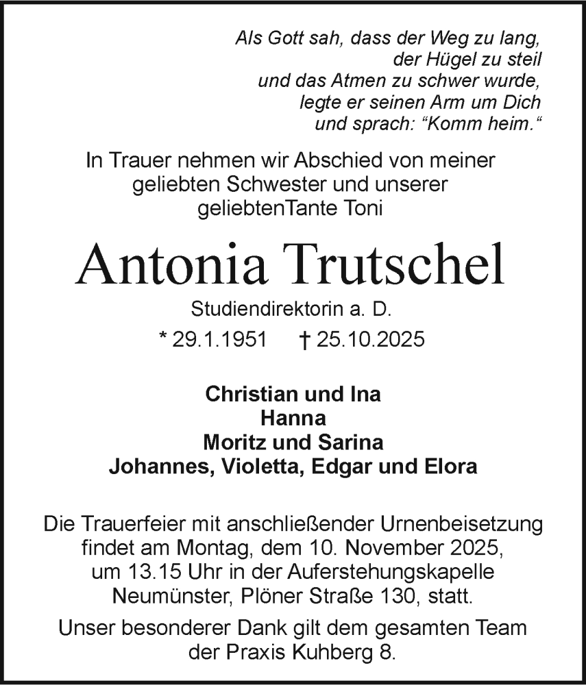  Traueranzeige für Antonia Trutschel vom 01.11.2025 aus Holsteinischer Courier