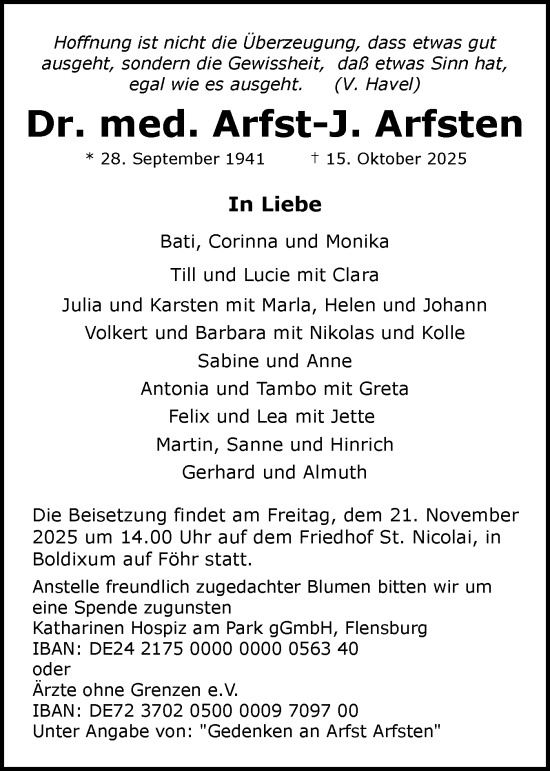 Traueranzeige von Arfst-J. Arfsten von Flensburger Tageblatt