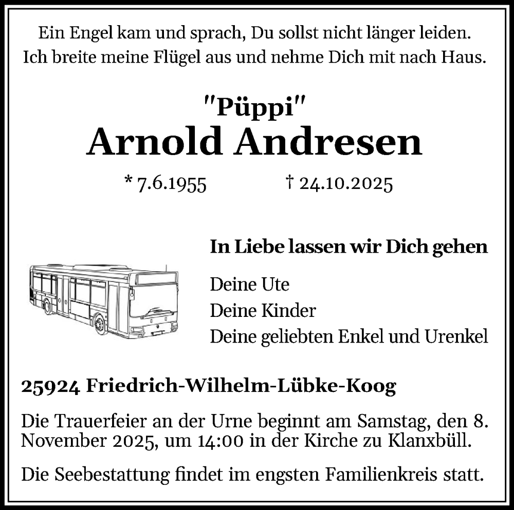  Traueranzeige für Arnold Andresen vom 29.10.2025 aus Husumer Nachrichten, Nordfriesland Tageblatt