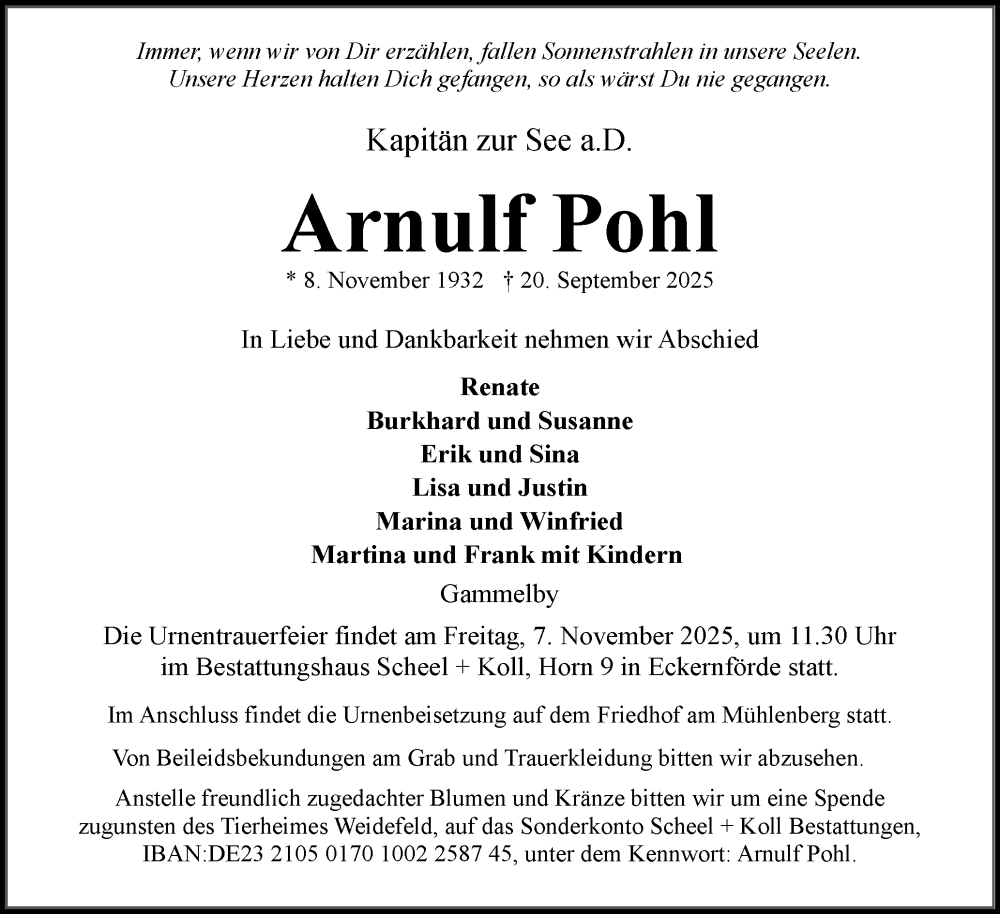  Traueranzeige für Arnulf Pohl vom 25.10.2025 aus Eckernförder Zeitung, Hallo Eckernförde