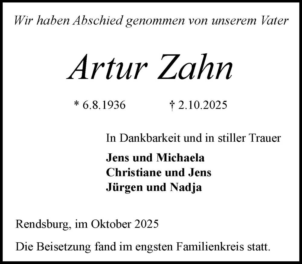  Traueranzeige für Artur Zahn vom 25.10.2025 aus Schleswig-Holsteinische Landeszeitung