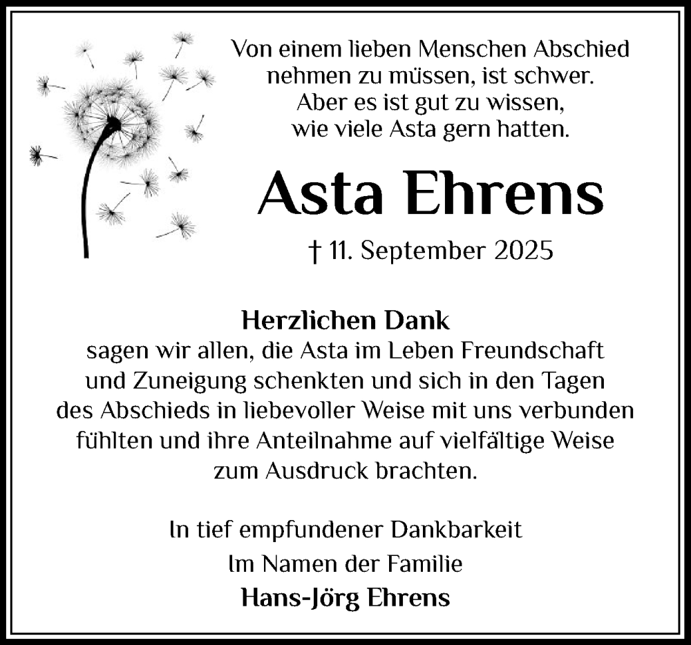  Traueranzeige für Asta Ehrens vom 18.10.2025 aus Eckernförder Zeitung, Hallo Eckernförde