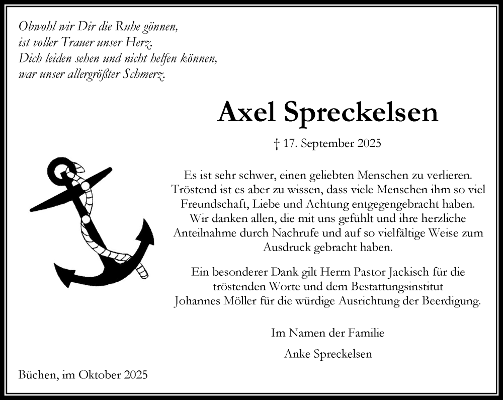  Traueranzeige für Axel Spreckelsen vom 18.10.2025 aus Wochenend Anzeiger
