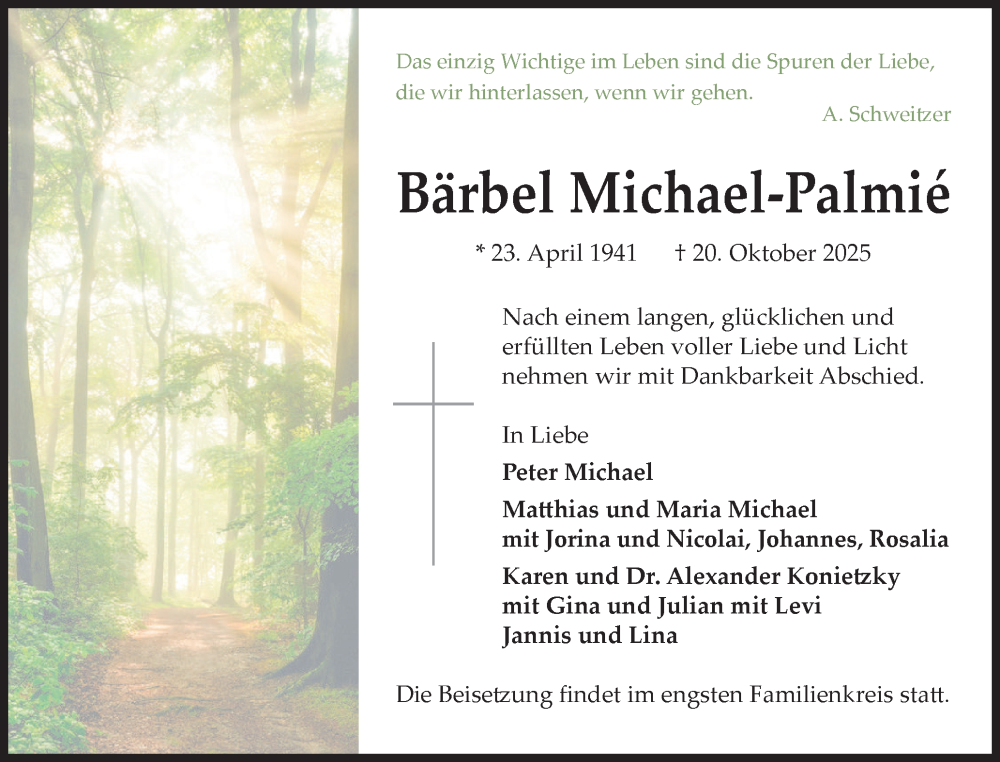  Traueranzeige für Bärbel Michael-Palmié vom 01.11.2025 aus Wedel-Schulauer Tageblatt, tip Wedel-Schulauer Tageblatt, tip Rissener Rundschau