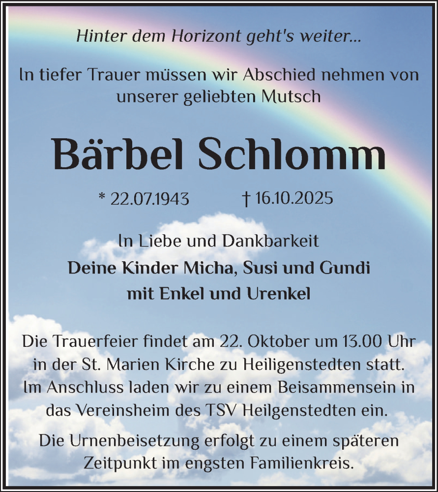  Traueranzeige für Bärbel Schlomm vom 18.10.2025 aus Norddeutsche Rundschau, Wilstersche Zeitung, Glückstädter Fortuna