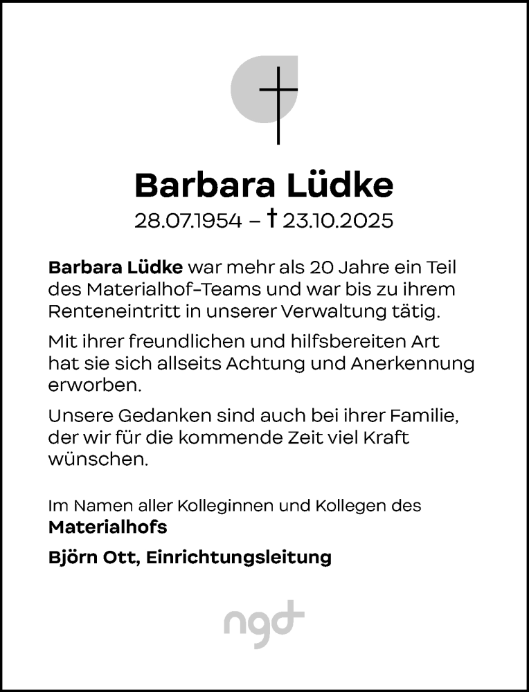  Traueranzeige für Barbara Lüdke vom 01.11.2025 aus Schleswig-Holsteinische Landeszeitung