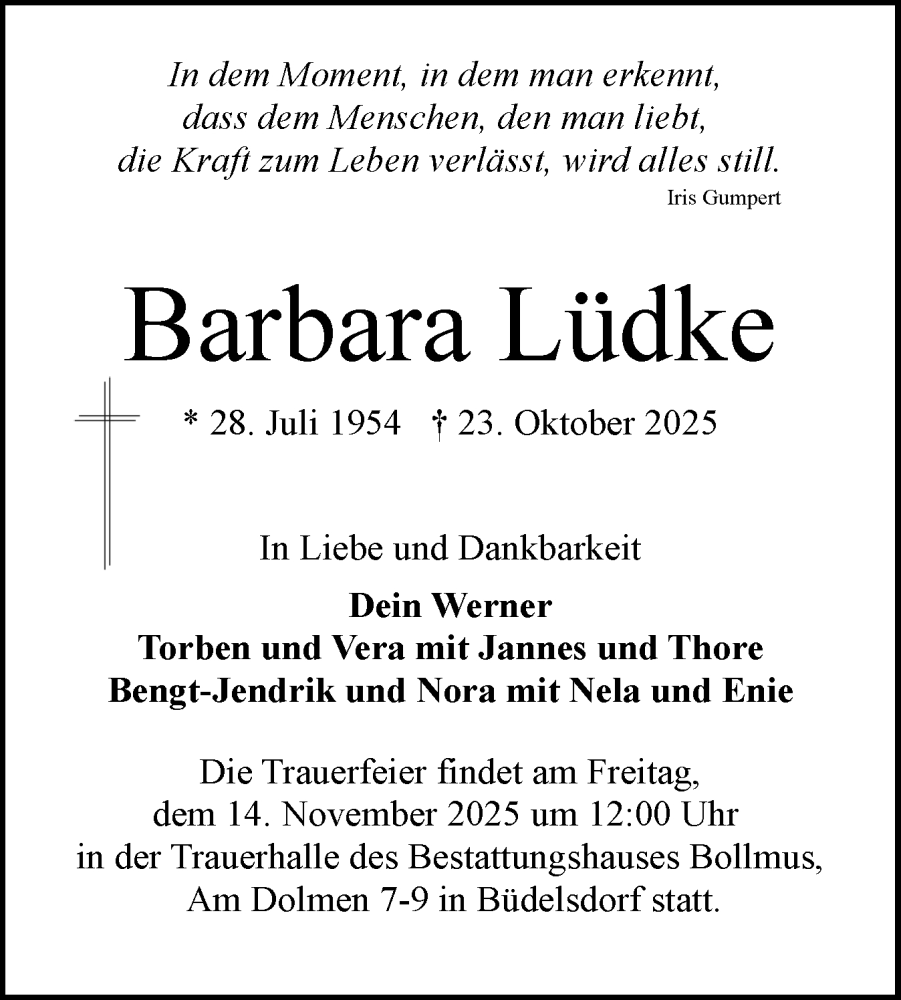  Traueranzeige für Barbara Lüdke vom 01.11.2025 aus Schleswig-Holsteinische Landeszeitung