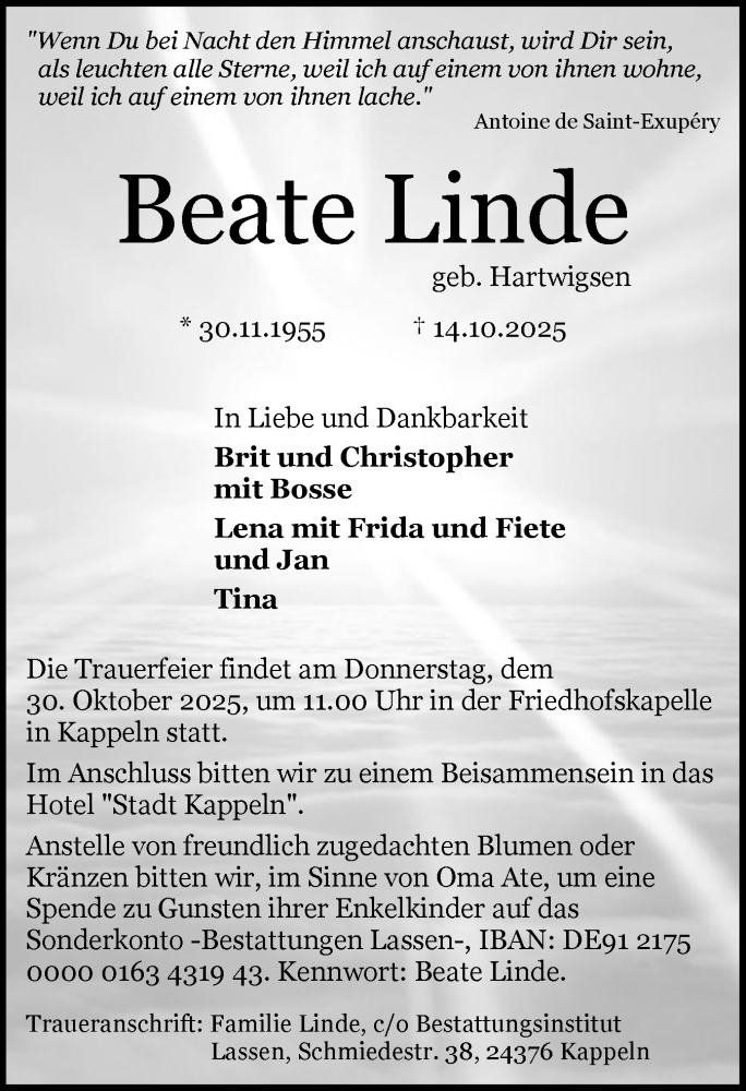  Traueranzeige für Beate Linde vom 25.10.2025 aus Schleswiger Nachrichten, Schlei-Bote
