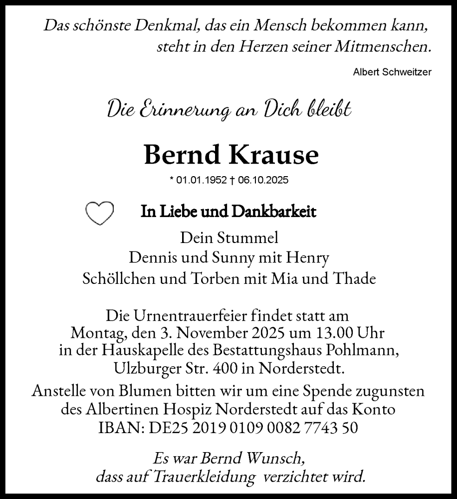  Traueranzeige für Bernd Krause vom 25.10.2025 aus Heimatspiegel