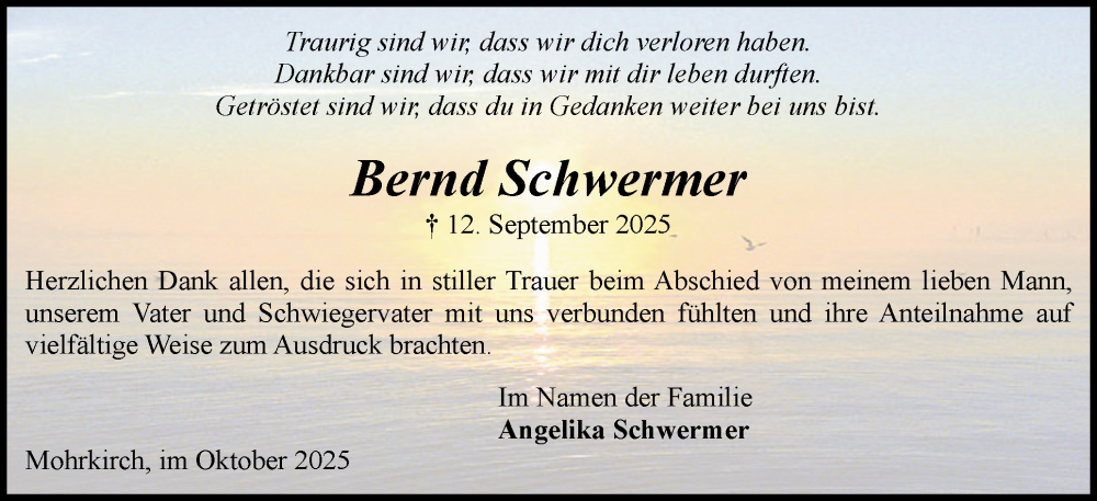  Traueranzeige für Bernd Schwermer vom 25.10.2025 aus Flensburger Tageblatt, Schleswiger Nachrichten, Schlei-Bote
